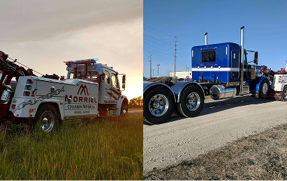Side-by-side photos: an MCR Towing wrecker at sunset, and a blue semi tractor on gravel.