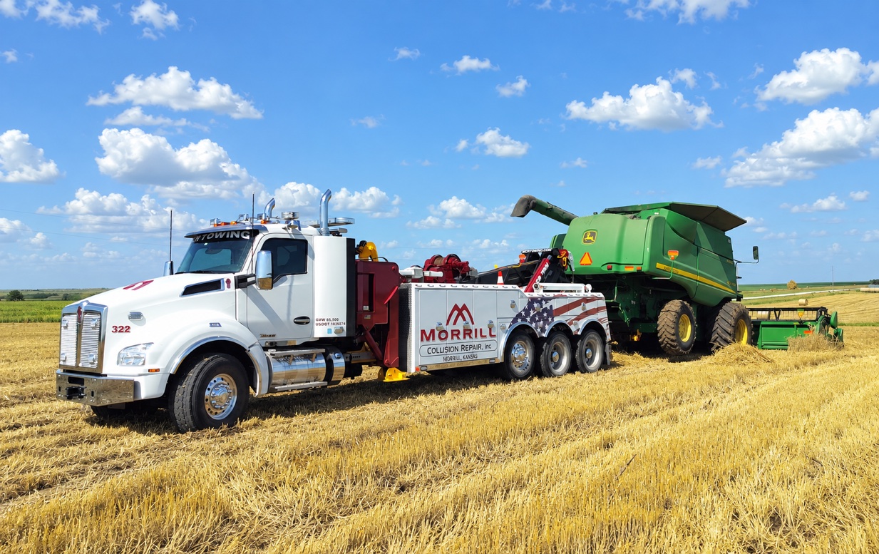 MCR tow truck recovering a combine in a field